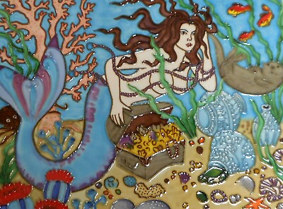 #ad Mermaid hand painted ceramic art tile 11 x 14 inches $25.00