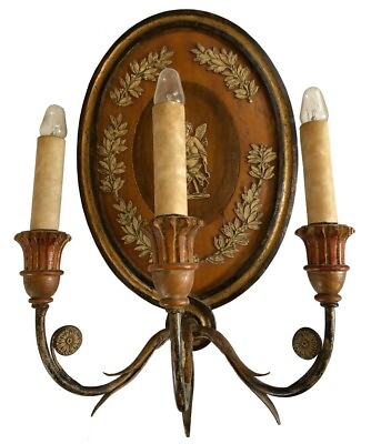 #ad Antique PAIR French Wall Sconces Three Arms amp; Wood Plaque Backs w Cupids Riding $910.00
