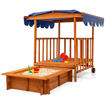 #ad Wooden Retractable Sandbox with Cover amp; Built in Wheels Kids Outdoor Playhouse $189.99