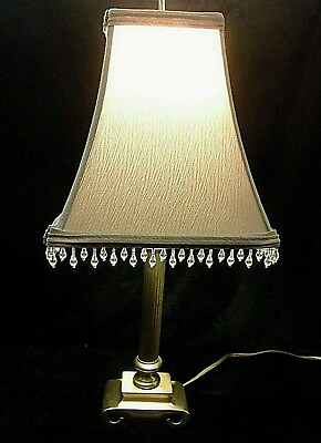 #ad CAST BRASS TABLE LAMP w IONIC ROMAN COLUMN STYLE and TAUPE FABRIC BEADED SHADE $36.99