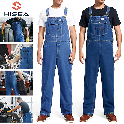 #ad HISEA Men#x27;s Denim Bib Overall Relaxed Fit 100% Cotton Dungarees Pockets Workwear $40.89