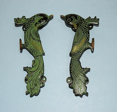 #ad Vintage Style Peacock Handles Pair Etched Brass Peafowl Handmade Door Pull HK190 $95.00