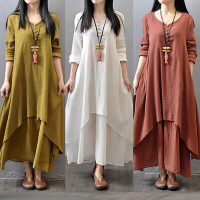 #ad Women Casual Boho Long Sleeve Cotton Linen Maxi Dress Sundress Summer V Neck $13.23