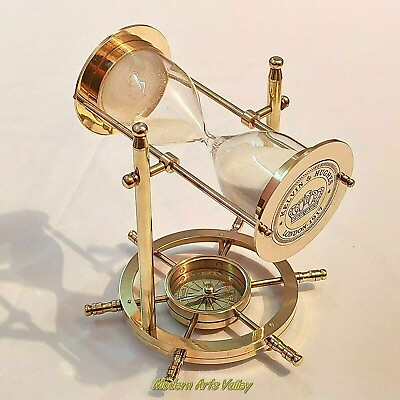 #ad Vintage Brass Sand Timer Hourglass with Wheel Compass Base Desk Decor Antique $32.99