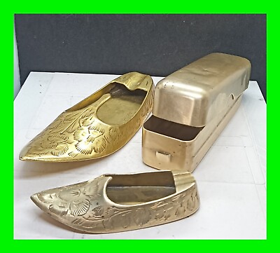 #ad 2x Vintage Etched Brass Genie Shoes amp; A Small Brass Box Ashtray Incense Burner $29.99
