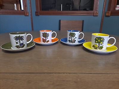 #ad MCM Vintage Fruit Colorful Seyei Fine China Set of 4 Teacups Saucers Japan $50.00