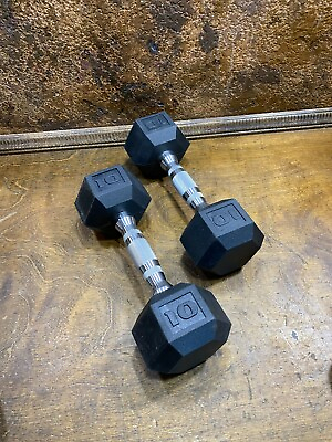 #ad Pair Rubber Coated Hand 10 lbs DUMBELL Weights 20 lbs Total 2 @ 10 lbs USA $39.99