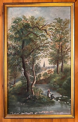 #ad Antique Oil Painting Landscape Forest Stream White Lotus Gathering N. Flynn 1891 $124.95