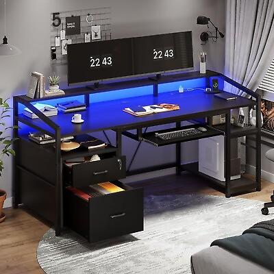 #ad 63quot; Computer Desk with LED Lights amp; Power Outlet Home Office Desk with Storage $179.97