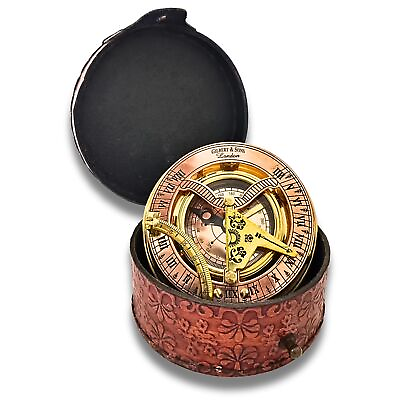 #ad Antique Brass amp; Copper Sundial Compass Sundial Clock in Box Gift Sun Clock S... $46.68