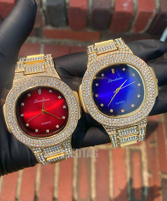 #ad Men#x27;s Red Blue Dia Iced Cubic Zirconia Icy Luxury Bling Gold Plated Alloy Watch $51.29