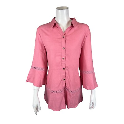 #ad Isaac Mizrahi Bridgehampton Linen Tunic with Lace Trim Lychee Pink Large Size $25.00