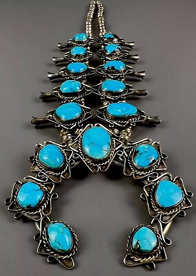 #ad Vintage Navajo Sterling Silver Turquoise Squash Blossom Necklace GORGEOUS STONES $1195.00