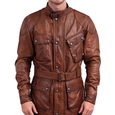#ad New Men#x27;s Genuine Lambskin Leather Jacket Brown Belted Motorcycle Long Jacket $125.99