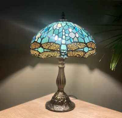 #ad Tiffany Vintage Style Dragonfly Table Lamp Aqua Blue Stained Glass Desk Light $143.89