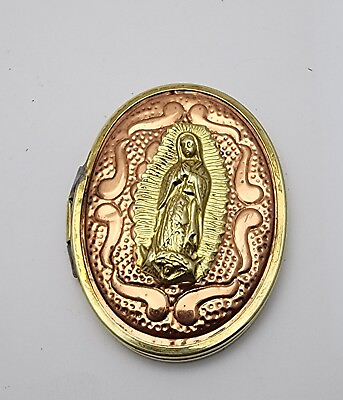 #ad Antique or Vintage Bi Folding Compact Mirror Copper Brass Repousse Virgin Mary $100.00