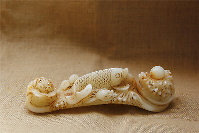 #ad 8quot; China old antique handcarved white jade fish lotus ruyi statue $126.00