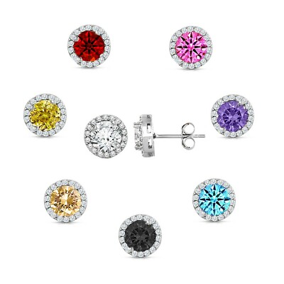 #ad 925 Sterling Silver Round Shaped Cubic Zirconia Stud EarringS All Colors $9.99