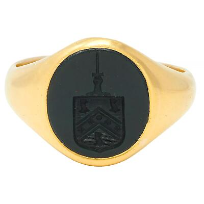 #ad Victorian Bloodstone 18K Yellow Gold Crest Antique Unisex Shield Signet Ring $2300.00