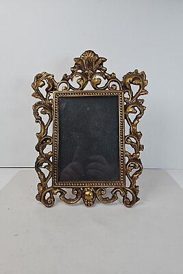 #ad Antique Gilt Ornate Cast Iron Picture Frame Easel Acanthus Leaf Heavy 5x7 Photo $59.99