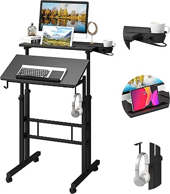 #ad Portable Stand Up Desk Adjustable Height Rolling Desk with Wheels Home Office $190.00