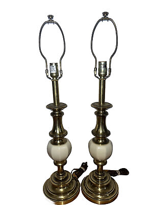 #ad Vintage Pair Mid Century Hollywood Regency Stiffel Ivory Enamel amp; Brass Lamps $155.79