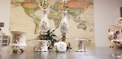 #ad Vintage Mid Century Bisque Lamps And Vanity Items $50.00