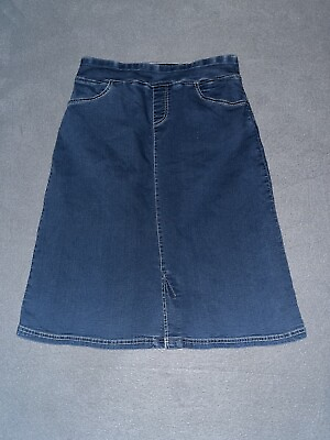 #ad Vintage Women#x27;s Denim Jean Skirt Sz PM Stretch Elastic Waist Conservative $21.99