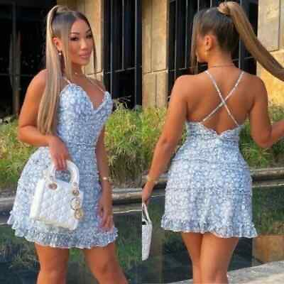 #ad Womens Boho Floral Sleeveless Mini Dress V Neck Backless Summer Beach Sundress $31.00
