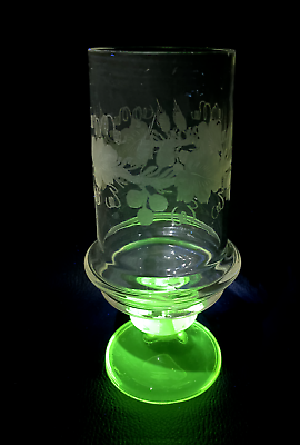 #ad Biedermeier Austria Goblet Glass Uranium Vaseline Stand Engraved Glass $59.99