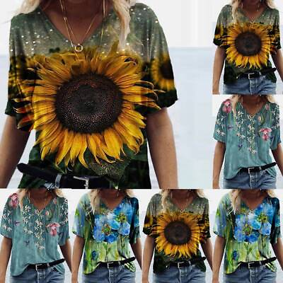 #ad Summer Women Short Sleeve Blouse Ladies Blouse Print Shirt Casual V Neck Top Tee $15.79