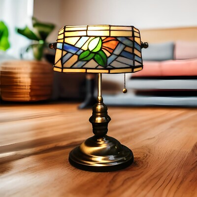 #ad Table Desk Lamp Antique Brass With Stained Glass Floral Design 14quot; Tall $104.49