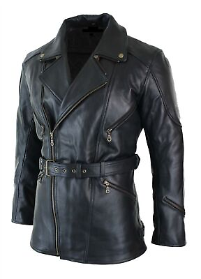 #ad Men#x27;s Biker Style Genuine Cow Hide Black Jacket Motorcycle Long Leather Coat $189.99