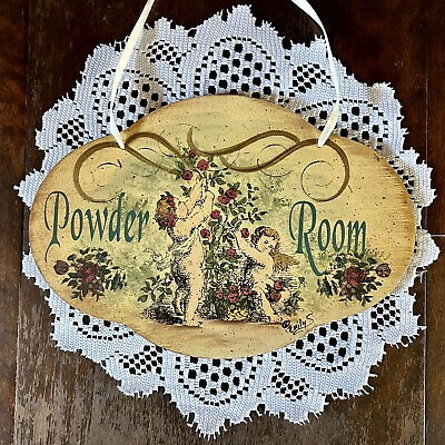 #ad Powder Room Wood Sign For Bathroom Painted Floral amp; Cherubs Ribbon Hanger 10.5quot; $18.99