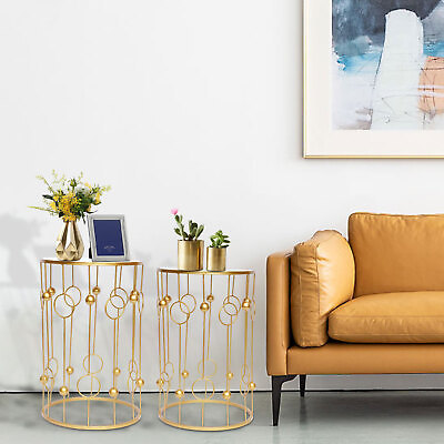 #ad Gold Modern Nesting Side Table Metal Frame End Coffee Table Living Room Set of 2 $98.00