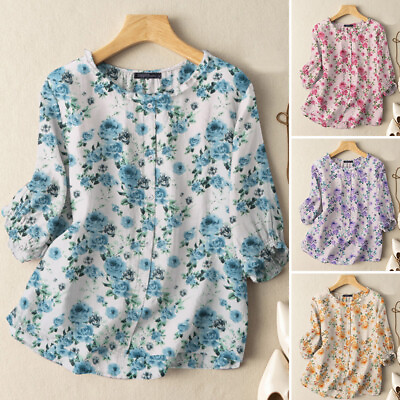 #ad Women 3 4 Sleeve Tops Shirt Floral Printed Holiday Summer Casual Loose Blouse $17.09