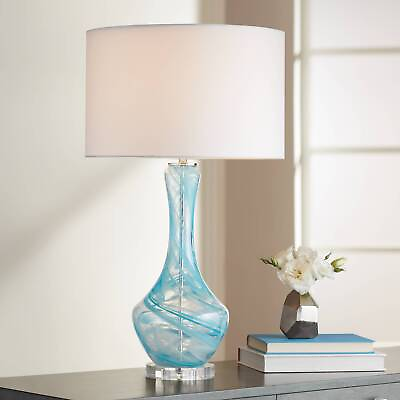 #ad Codie Modern Table Lamp 28 1 2quot; Tall Clear Blue Swirls Art Glass Bedroom Bedside $149.99