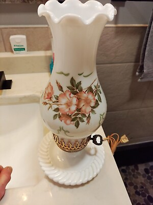 #ad Vintage MILK GLASS Vanity Boudoir Hand Painted Enamel Flower Floral Lamp Lights $34.99