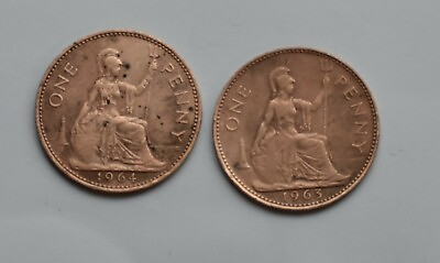 #ad 1964 amp; 1965 One Penny Elizabeth Dei Gratia Regina FD Set Two Large Bronze Coins $36.55