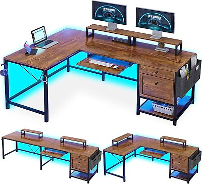 #ad Reversible 69quot; L Shaped Desk With Led Lights File Drawer Computer Desk Bedroom $178.99