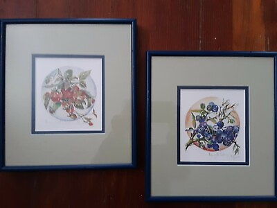 #ad Vintage? Pair Art Watercolor prints Strawberries Blueberries Matted Fr. Numb $59.95