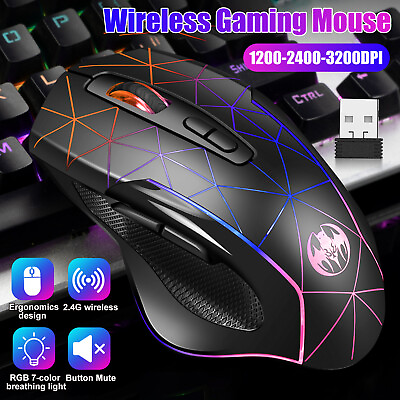 #ad 3200DPI Chargeable RGB LED Ergonomic Wireless Gaming Mouse Optical for Laptop PC $13.98