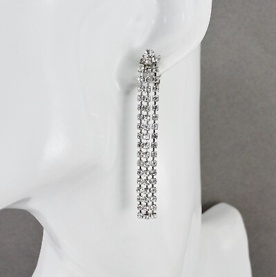 #ad silver clear crystal dangle earrings 2 1 4quot; long chandelier 3 line dangly post $11.01