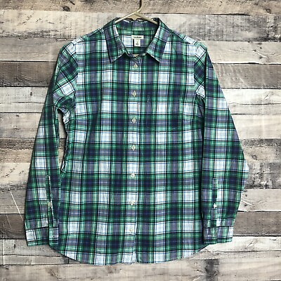 #ad LL Bean Womens Shirt Small Blue Green Plaid Cotton Button Down Outdoor $19.00