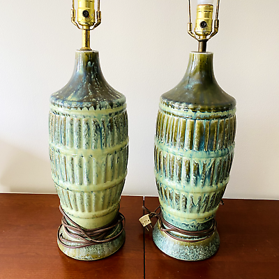 #ad #ad 2 Vintage Mid Century Modern Blue Green Textured Glazed Ceramic Lamps Danish MCM $269.00