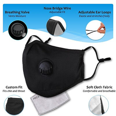 #ad Reusable Washable Face Mask Breathing Air Valve PM2.5 Carbon Filter Black $4.99