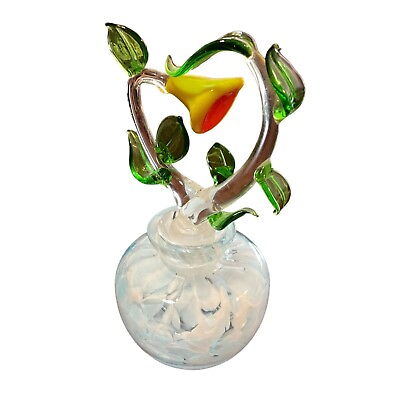#ad HANDBLOWN ART GLASS PERFUME BOTTLE FLOWER amp; LEAVES WHITE SWIRLED BOTTLE NO FLAWS $54.95