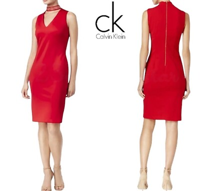 #ad NWT Calvin Klein Elegant RED Embellished choker cut out Dress size 4 $110.00