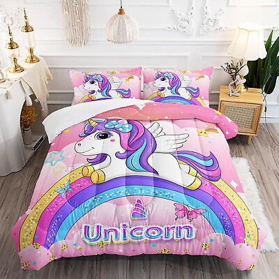 #ad Kid Unicorn Butterfly Comforter Set Queen Size 3Pcs Rainbow Glitter Star Bedd... $104.19