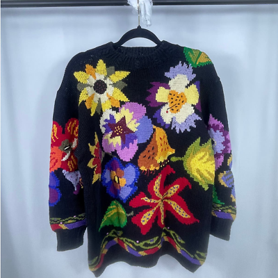#ad VTG black floral BEREK 1991 mock neck pullover SWEATER medium $125.00